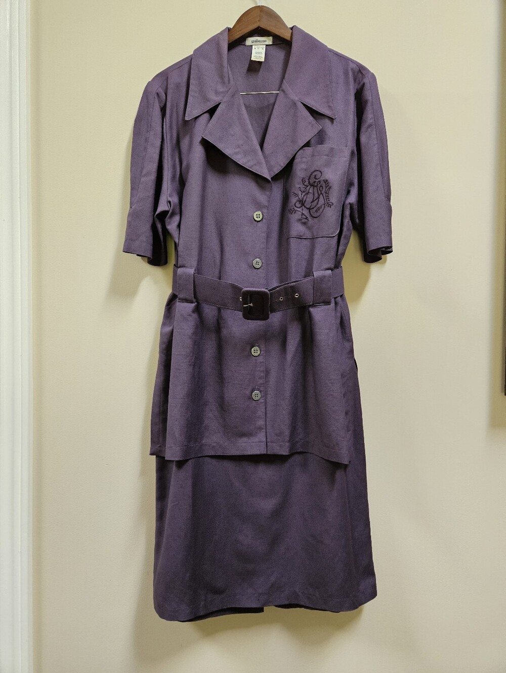 Steilmann Vintage Purple Viscose Linen Blend Belted 2-Piece Skirt Suit Set Size